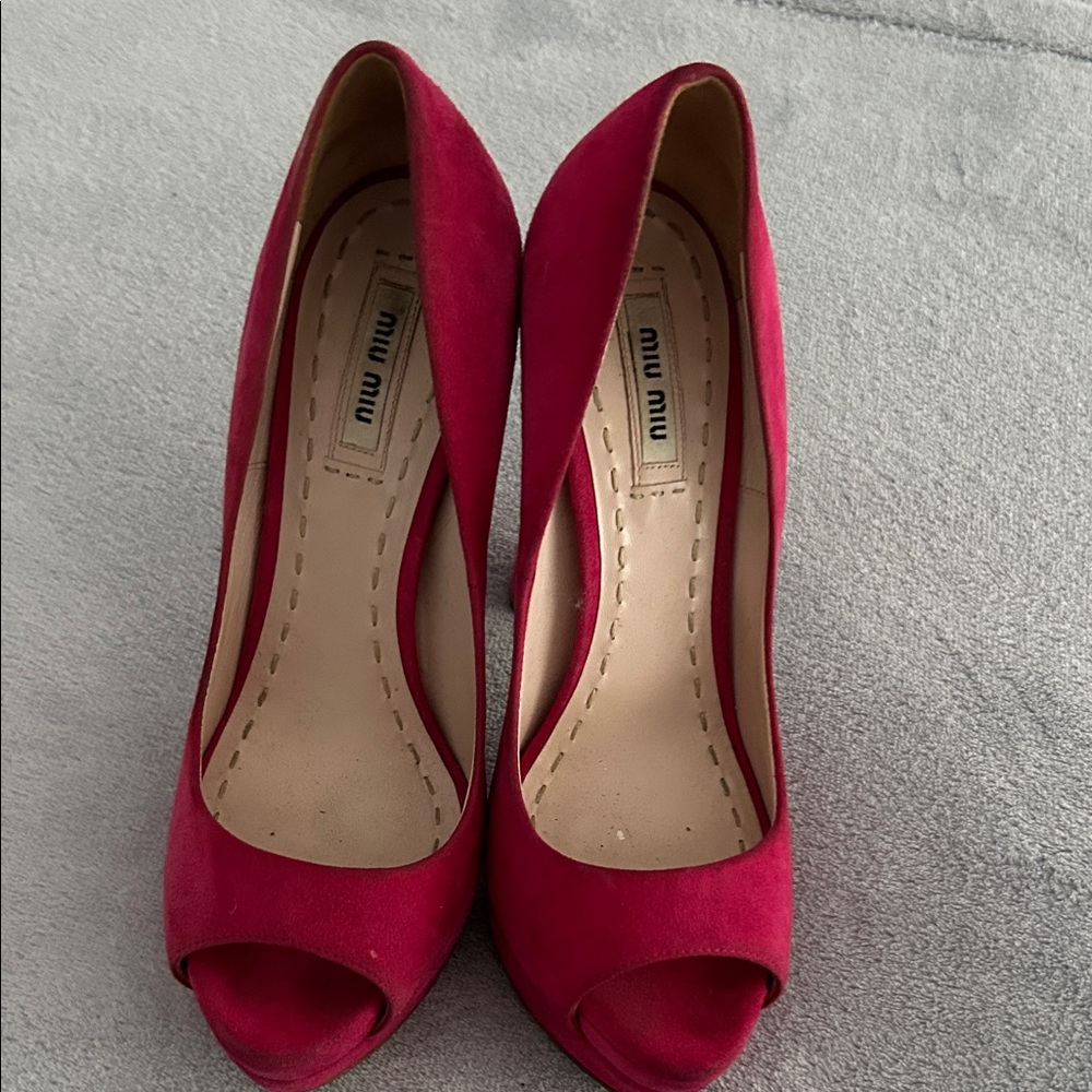 Miu Miu Fuchsia Suede Peep-Toe Pumps